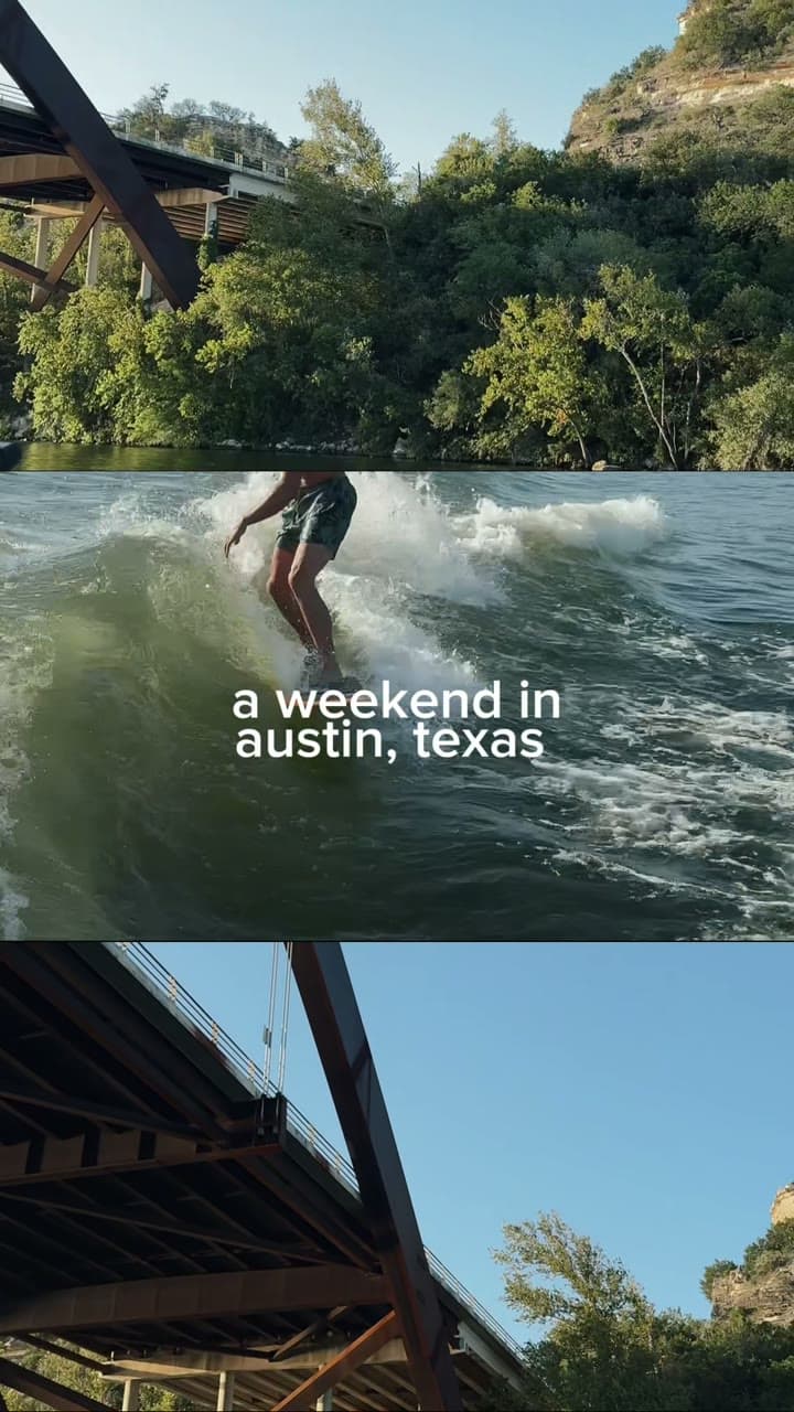 Makenna wake surfing on a lake in Austin, Texas with a bridge in the background