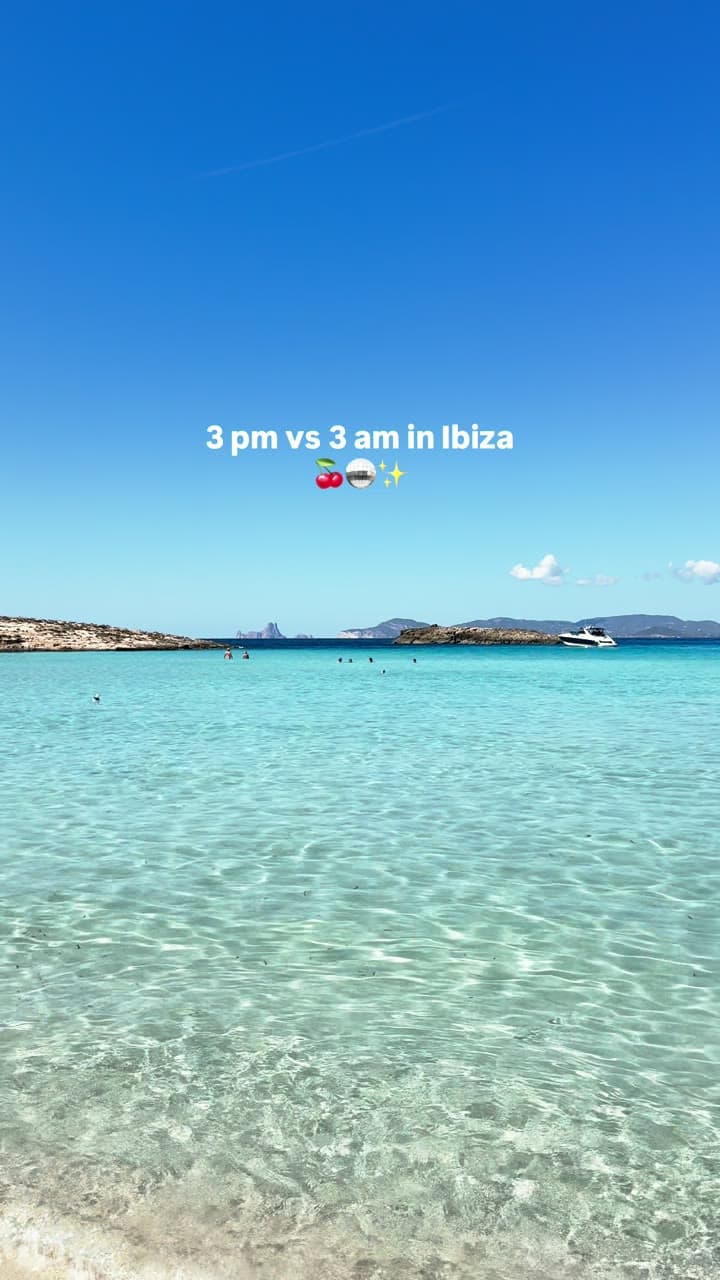 Clear Ibiza beach water by day, then a DJ set at night, text reading '3 pm vs 3 am in Ibiza'